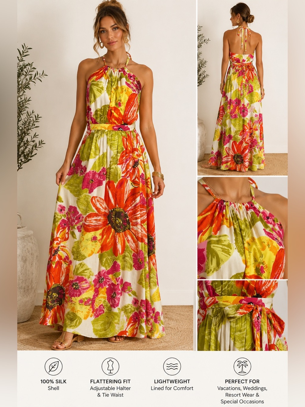 Anthropologie Lil Manambe Tropical Floral Silk Halter Maxi Dress Size 6